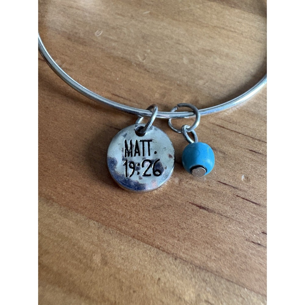 Wire Bangle Charm Bracelet Silver w/ Matt. 19:26 Disc, Arrow Dangle, Blue Bead - Picture 2 of 3